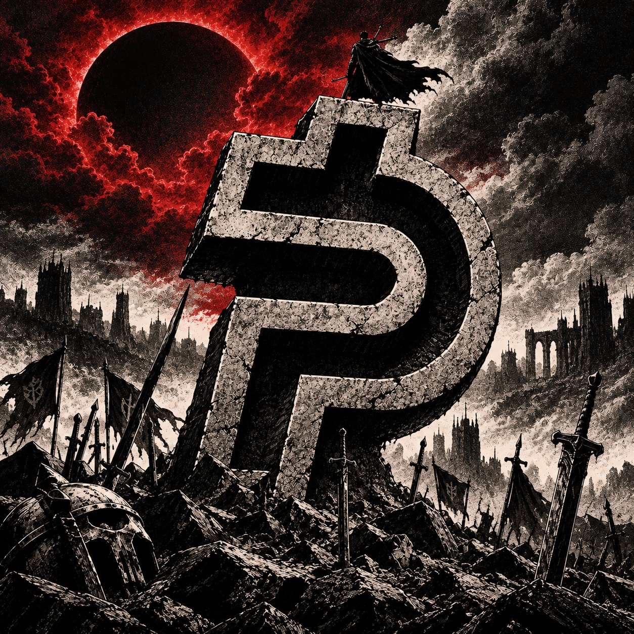 The original PAID emblem as a colossal cracked stone monument, with a warrior standing on top beneath the red eclipse